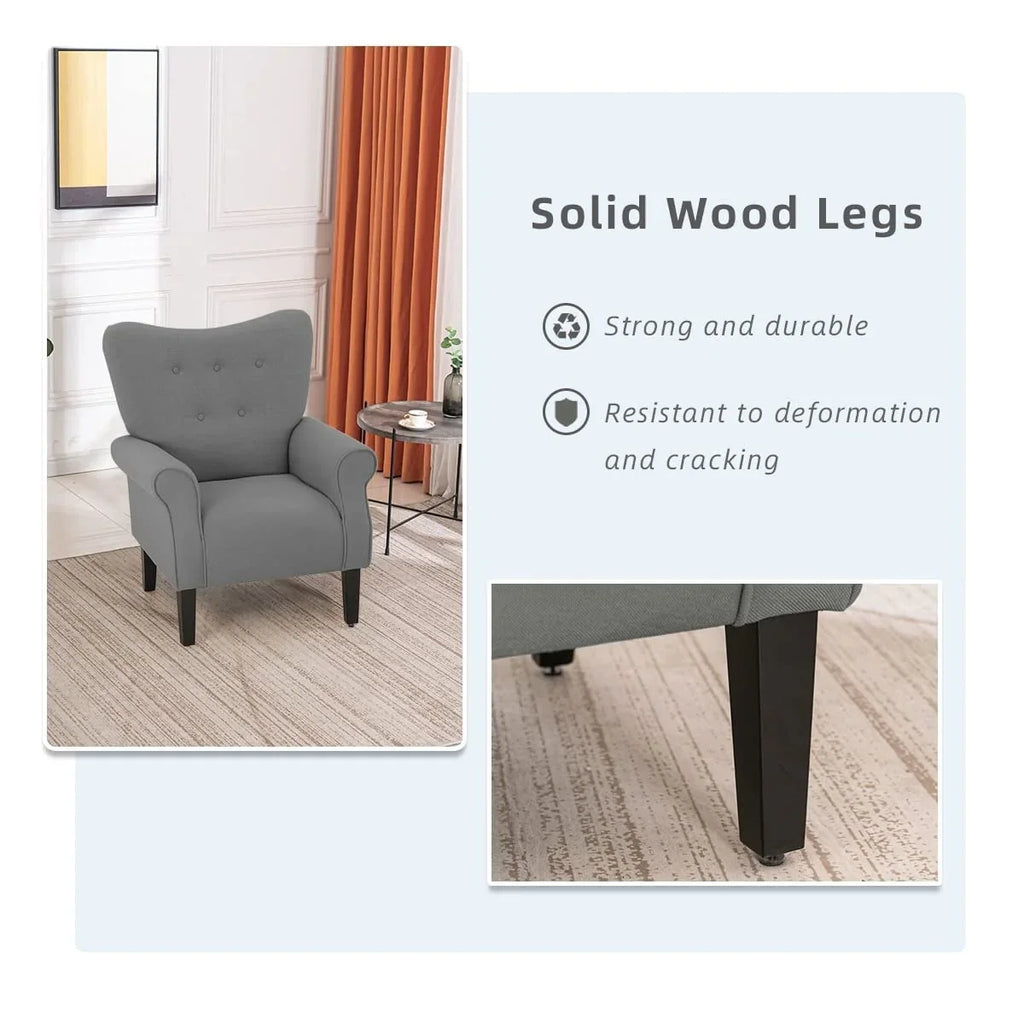 Erommy moderne accentstoel, fauteuil met hoge rugleuning, gestoffeerde stoffen fauteuil met knopen en houten poten voor de woonkamer