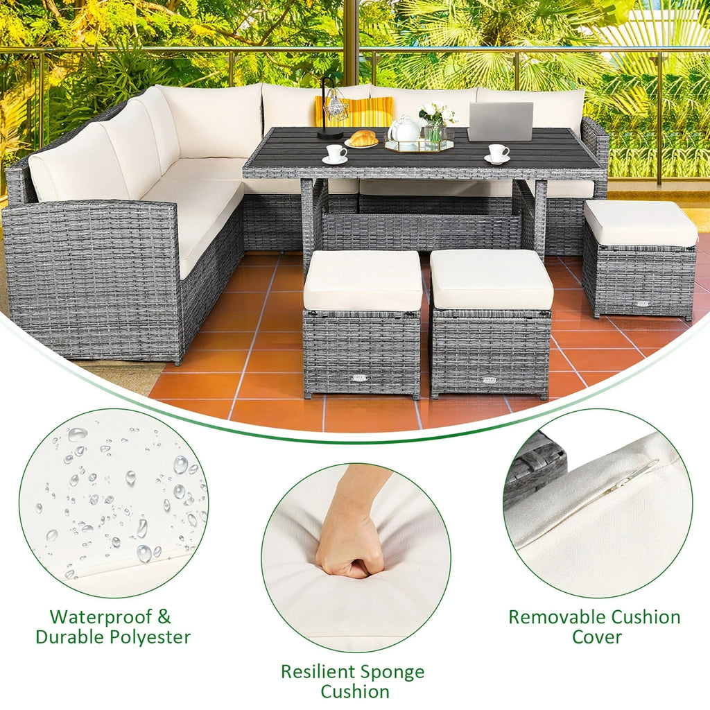 Costway Ensemble repas de jardin en rotin de 7 pièces, canapé d’angle, canapé et pouf — Voir les détails