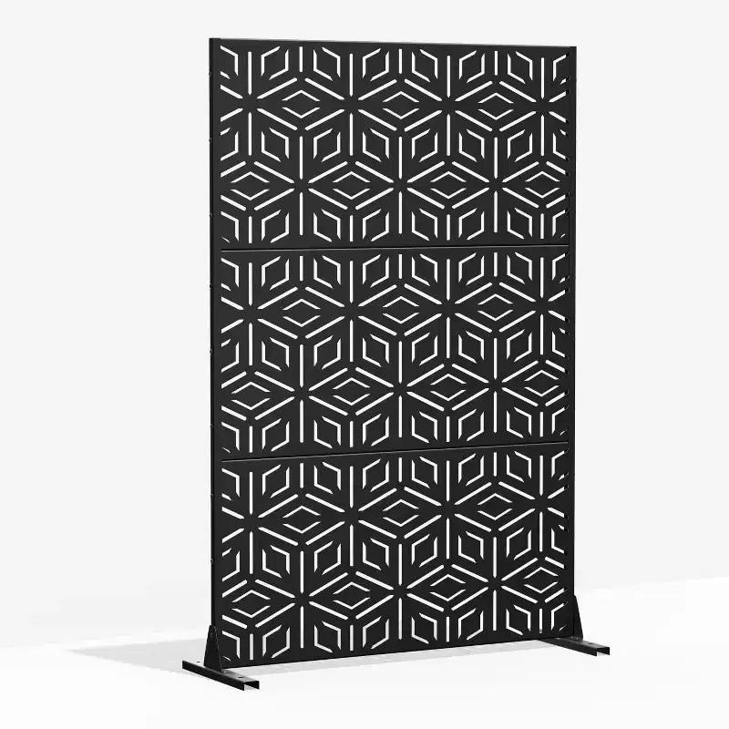 3-Panel Room Divider Screen with Geometric Pattern ?C Black Galvanized Steel