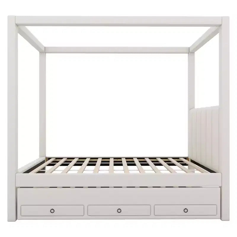 Linnen gestoffeerd hemelbed op platformformaat met onderschuifbed en drie opbergladen
