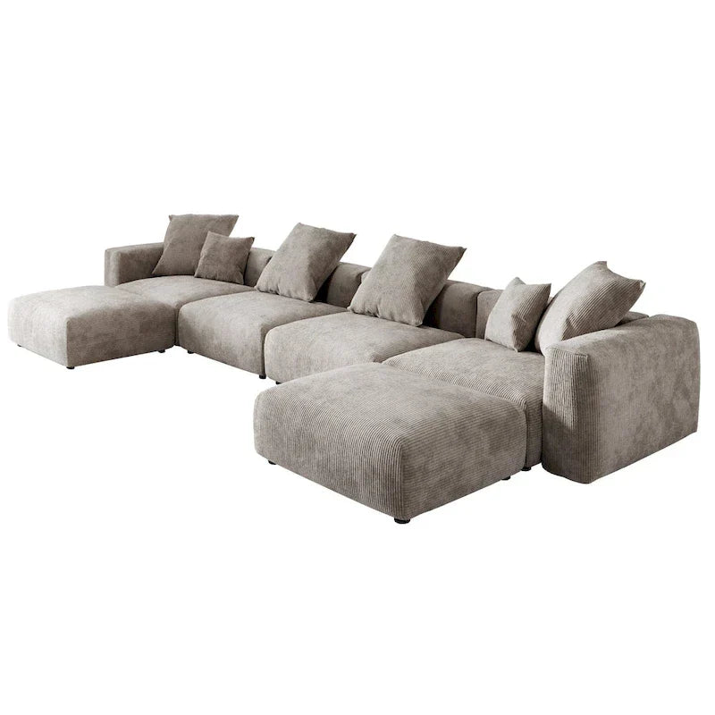 Grote modulaire hoekbank met corduroybekleding, U-vormig, 4-zits, met 2 ottomanen en 5 kussens