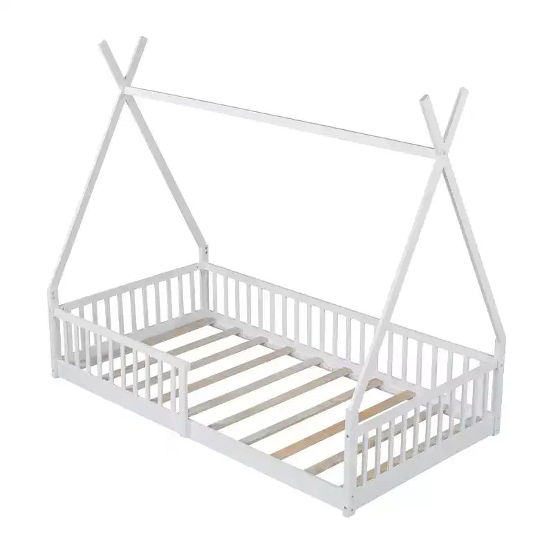 Bodenbett für Kinder, Zeltbett in Einzelgröße, Montessori-Bodenbett mit Lattenrost und Schutzgittern, Holzhaus-Bettrahmen für Jungen und Mädchen