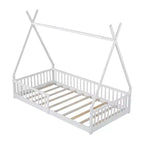 Bodenbett für Kinder, Zeltbett in Einzelgröße, Montessori-Bodenbett mit Lattenrost und Schutzgittern, Holzhaus-Bettrahmen für Jungen und Mädchen