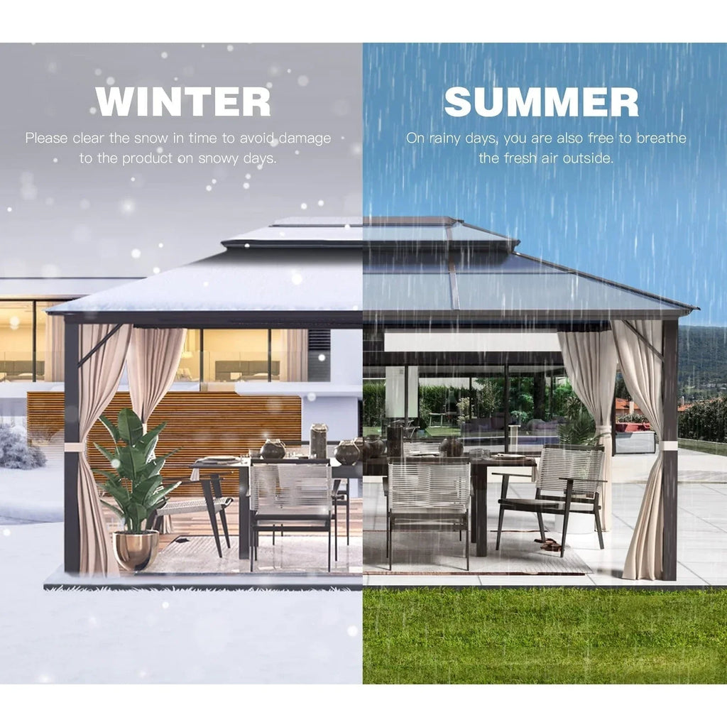 EROMMY Pavillon mit festem Dach, Outdoor-Pergola mit Doppeldach, Netzvorhängen und Vorhängen, robustes Vordach für Terrasse, Garten und Poolpartys