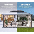 EROMMY Pavillon mit festem Dach, Outdoor-Pergola mit Doppeldach, Netzvorhängen und Vorhängen, robustes Vordach für Terrasse, Garten und Poolpartys