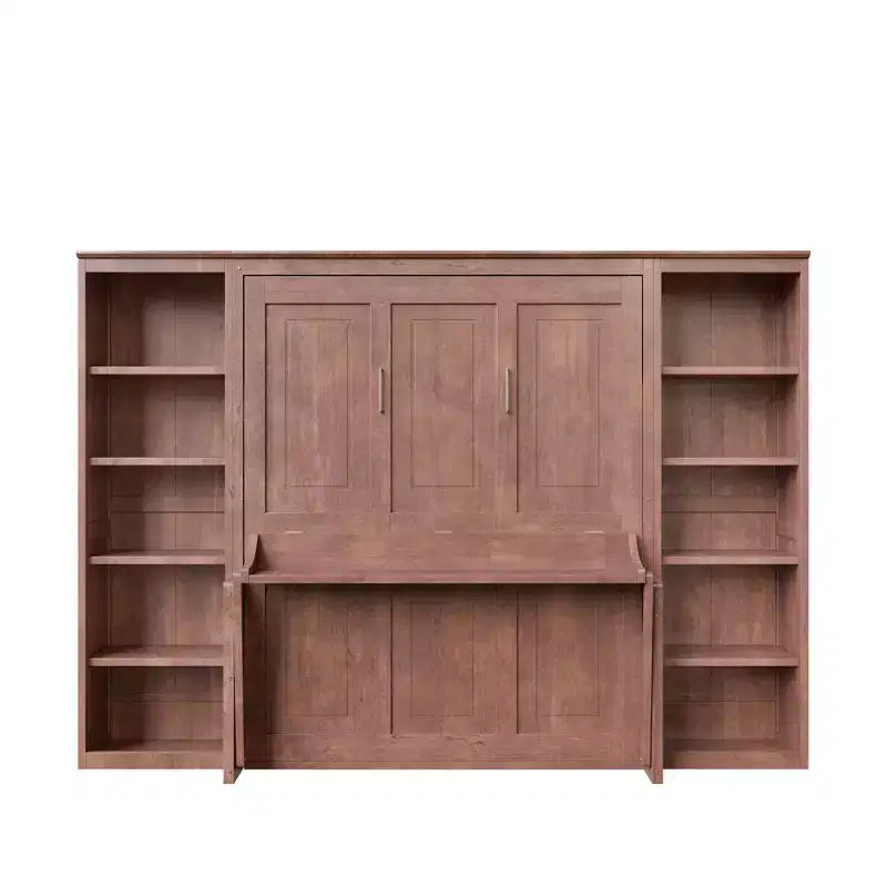 Murphy-Bett in Full-/Queen-Größe, platzsparendes Wandbett mit Schreibtisch und Bücherregal, Dunkelbraun – ModernLuxe