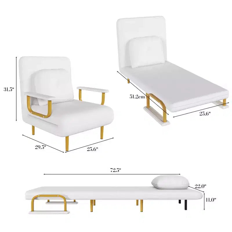 Canapé-lit pliant 3-en-1, fauteuil convertible avec dossier réglable en 5 positions et coussin, couchage gain de place pour salon, chambre et bureau (blanc)