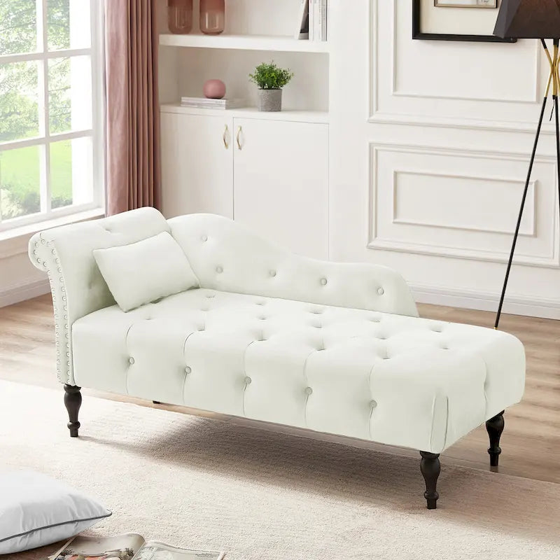 Chaise longue moderne de 60,6 po, capitonnée en velours avec boutons, pieds en bois massif et clous décoratifs
