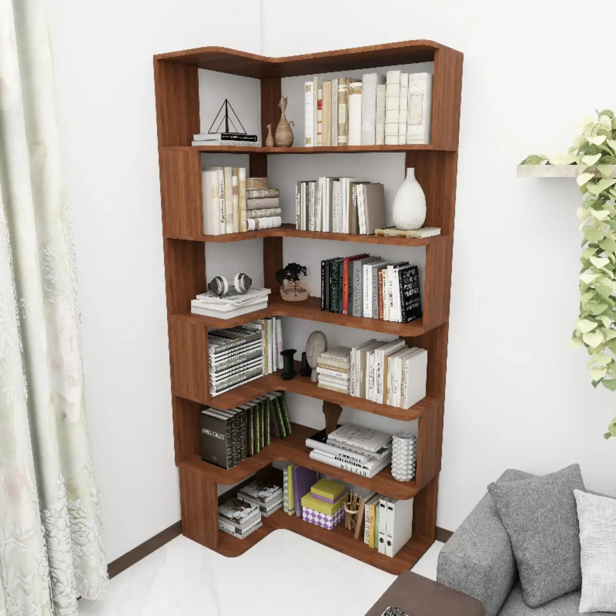 Eckbücherregal aus Holzwerkstoff mit 6 Ablagen