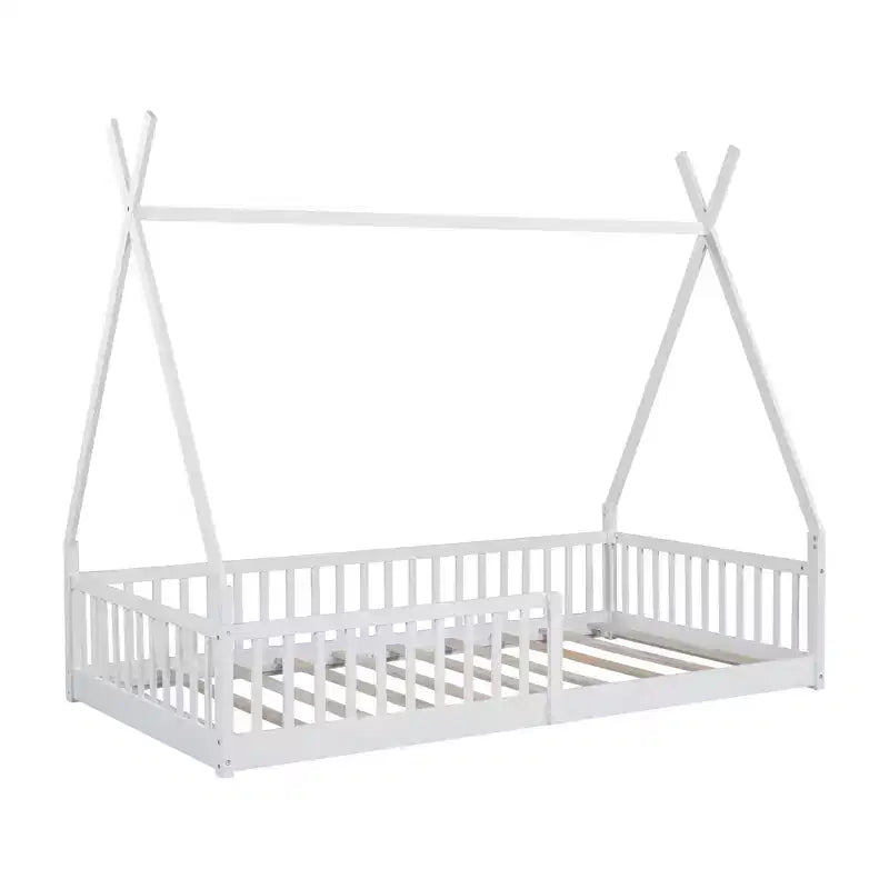 Bodenbett für Kinder, Zeltbett in Einzelgröße, Montessori-Bodenbett mit Lattenrost und Schutzgittern, Holzhaus-Bettrahmen für Jungen und Mädchen