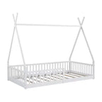 Bodenbett für Kinder, Zeltbett in Einzelgröße, Montessori-Bodenbett mit Lattenrost und Schutzgittern, Holzhaus-Bettrahmen für Jungen und Mädchen