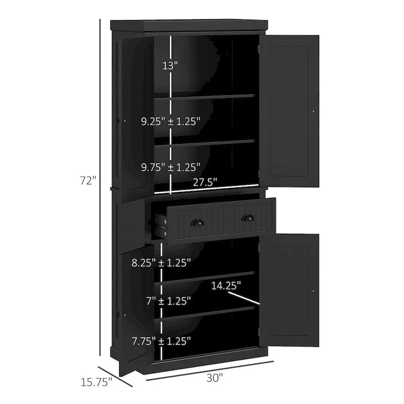 Armoire de rangement de garde-manger de cuisine de 72 pouces, armoire traditionnelle autoportante avec 4 portes et 3 étagères réglables, grand tiroir central
