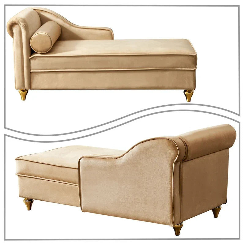 Fauteuil méridienne élégant français en velours avec revêtement rembourré et rangement, avec coussin