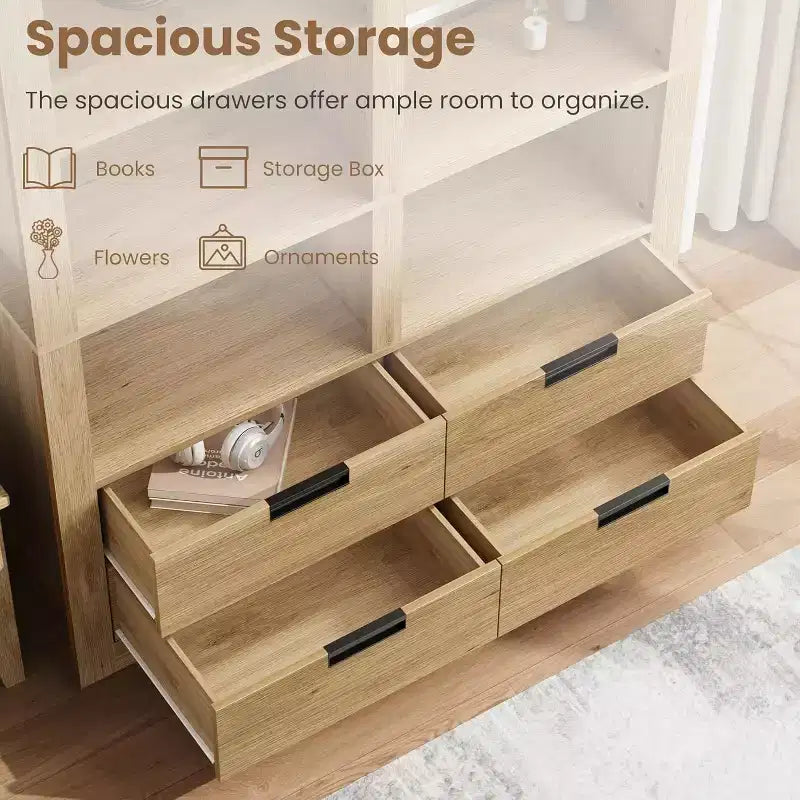 Bibliothèque haute de 72 pouces avec 4 tiroirs, bibliothèque de rangement autoportante de style maison de campagne pour chambre, salon et bureau à domicile