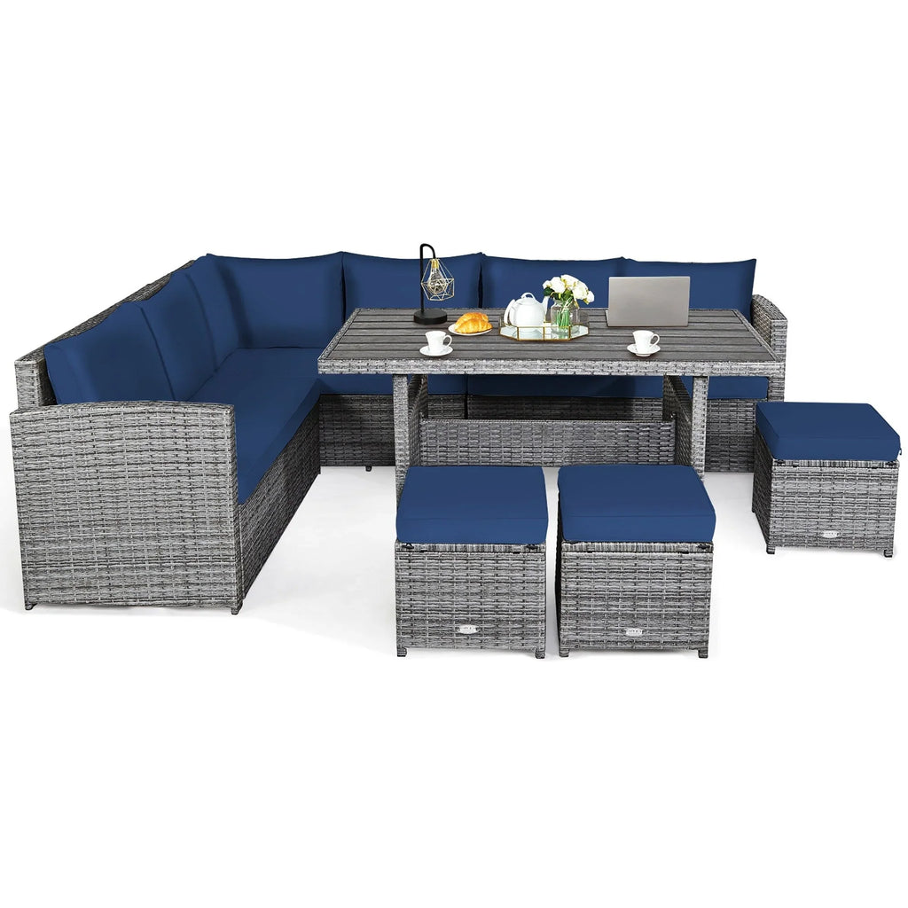 Costway Ensemble repas de jardin en rotin de 7 pièces, canapé d’angle, canapé et pouf — Voir les détails