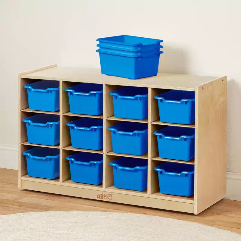 Meuble mobile à plateaux avec casiers et 15 bacs frontaux à ouverture en forme de cuillère, 3 x 4, mobilier pour enfants