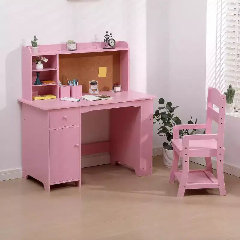 Kinderschreibtisch mit Stuhl-Set für Jungen und Mädchen, hölzerner Kinderschreibtisch mit Bücherregal, Pinnwand, Schrank und Schublade für Kinder von 3–8 Jahren