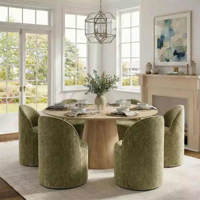 Modernes Esszimmer-Set für 6 Personen, runder Esstisch mit Säulenfuß, drehbare Fassstühle mit Rollen, Chenille-Strukturstoff – Panipeachy