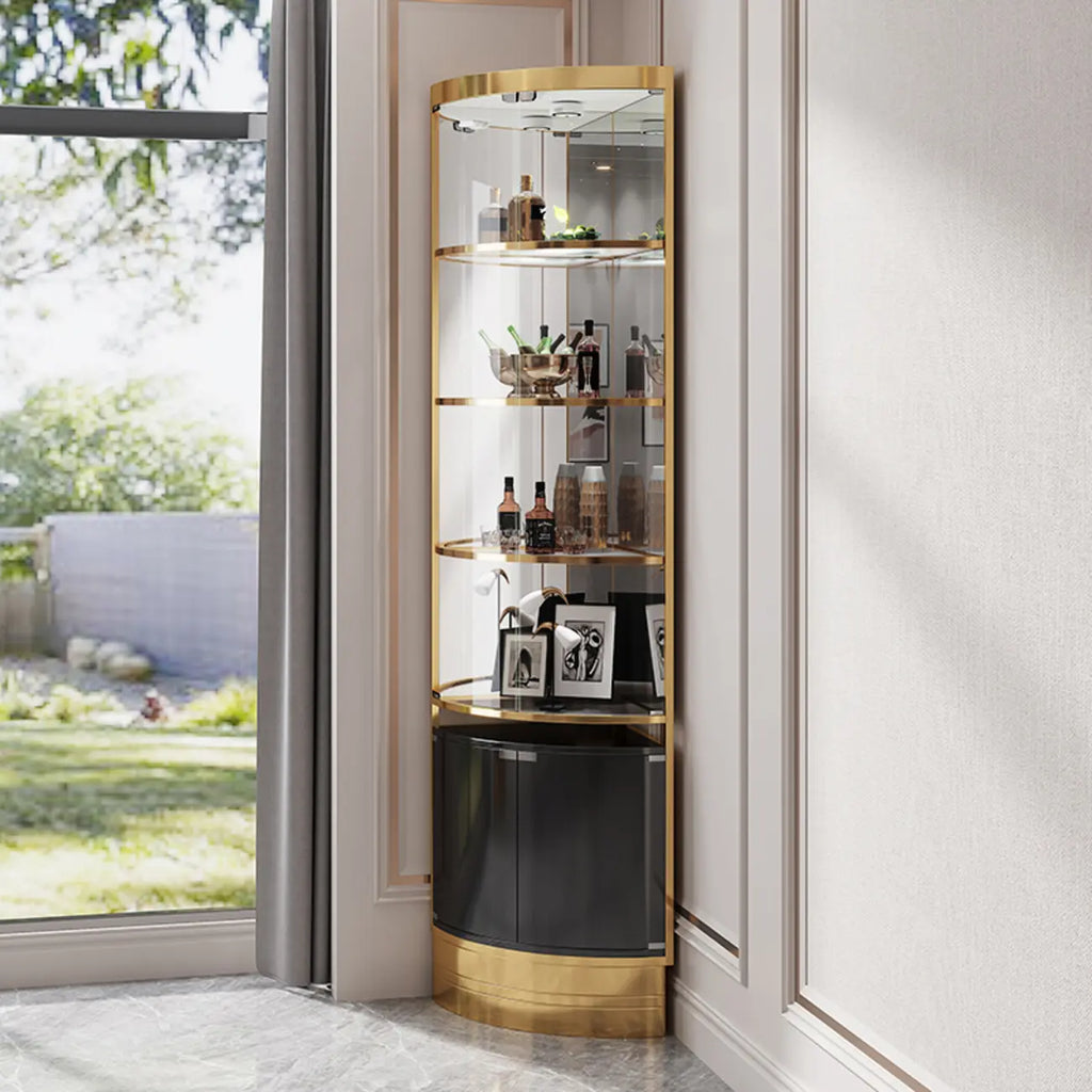 Eckschrank zur Aufbewahrung und Präsentation mit mehreren Ebenen aus Glas und Metall, Weinschrank