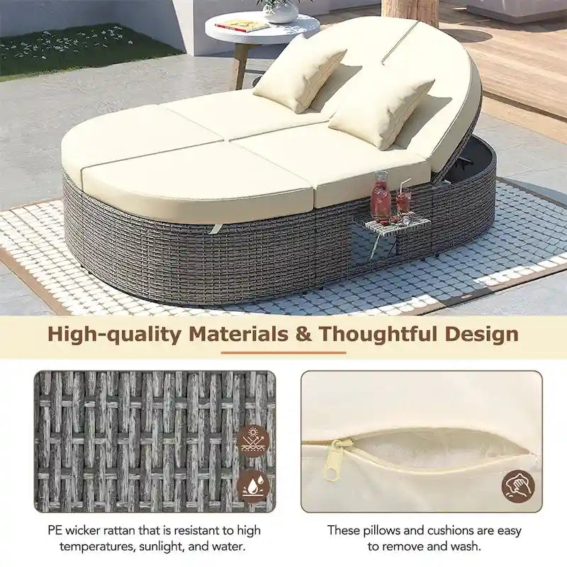 Outdoor-Sonnenliege für die Terrasse, 2-Personen-Tagesbett mit Polstern und Kissen