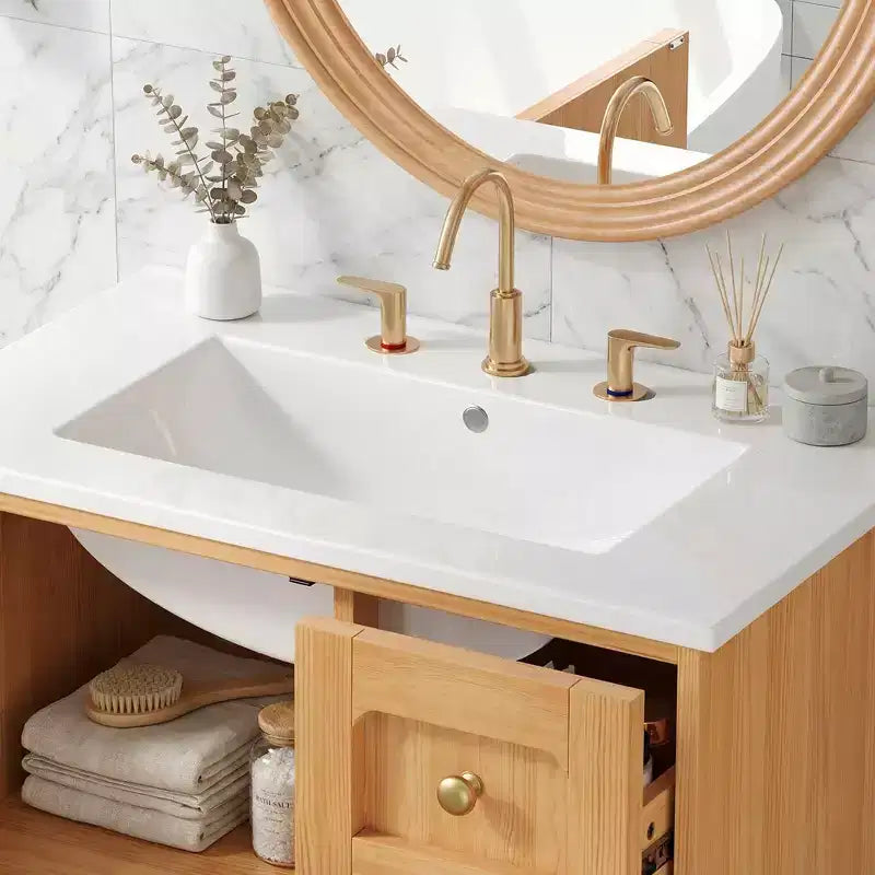 JVNOXK 30-inch rustiek-moderne keramische wastafelkast met 3 laden en 1 grote deur met softclose, opbergkast, natuurlijke houtnerf
