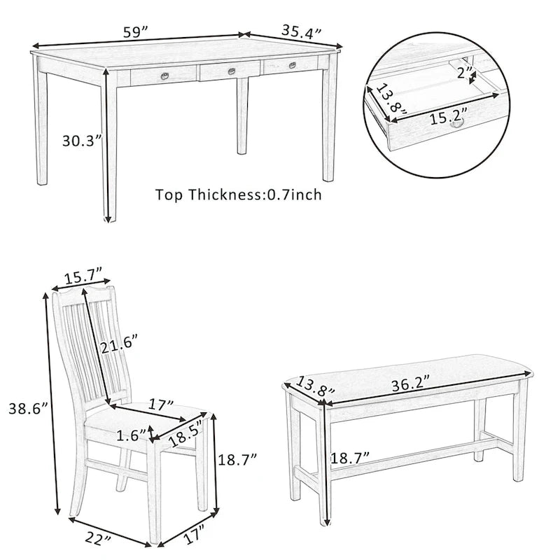 6-delige houten eetkamerset met 4 stoelen en bank, tafel met lade