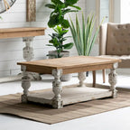 Table basse rectangulaire en bois blanc ancien patiné