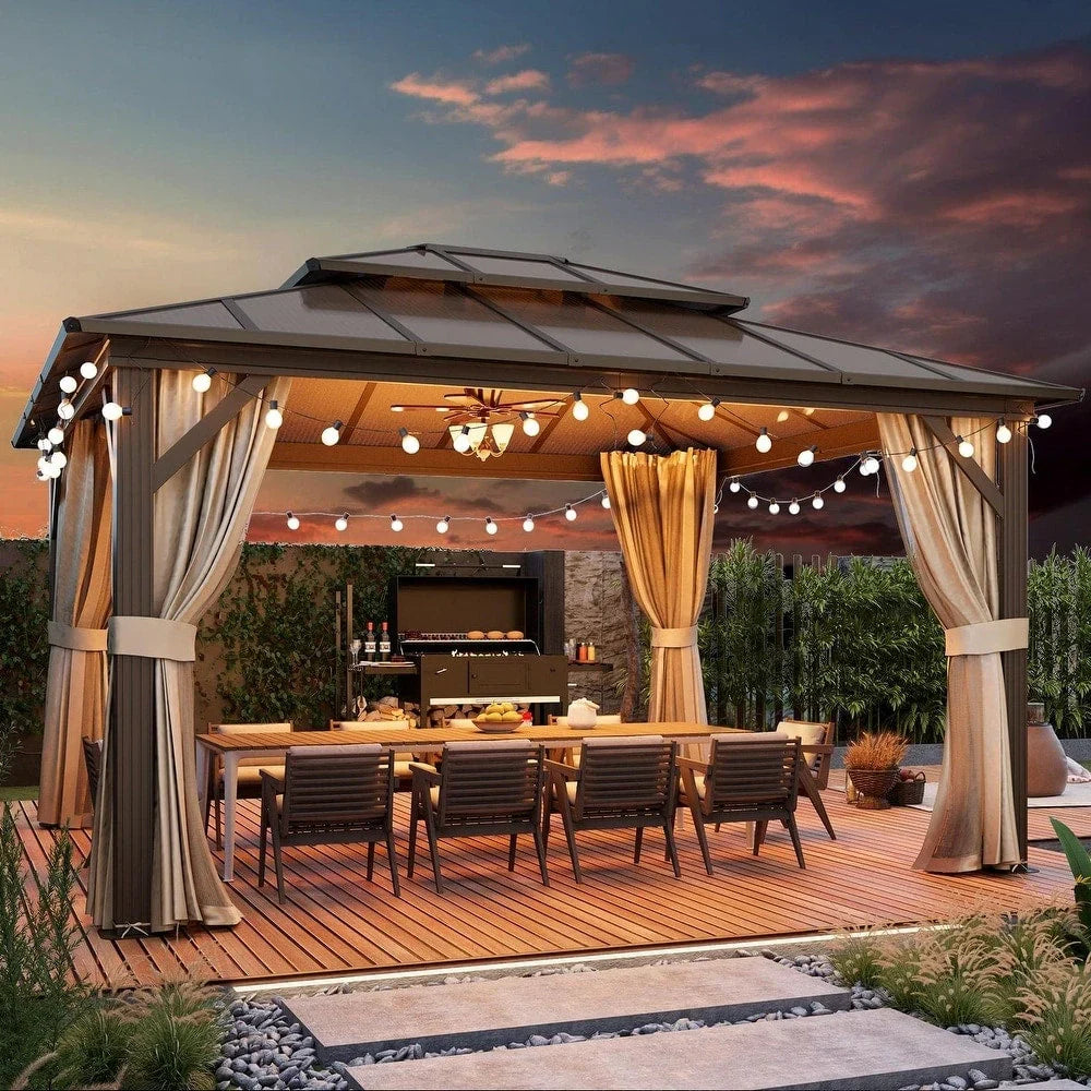EROMMY Hardtop Gazebo,Outdoor Pergola with Double Roof & Netting & Curtains,Heavy Duty Canopy for Patio, Backyard, Pool party