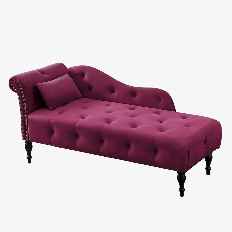 Chaise longue moderne de 60,6 po, capitonnée en velours avec boutons, pieds en bois massif et clous décoratifs