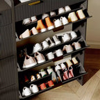Meuble à chaussures moderne blanc avec 3 tiroirs basculants, 2 petits tiroirs et crochets, meuble de rangement à chaussures étroit à façade cannelée pour entrée