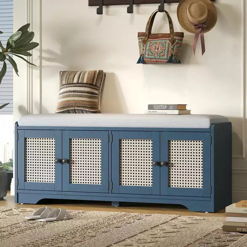 Banc de rangement rustique en bois Whisen, banc à chaussures pour entrée avec coussin amovible et étagères réglables