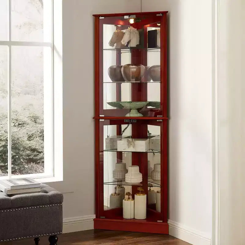 Vitrine d’angle, cerisier/noyer, vitrine à 4 portes en verre
