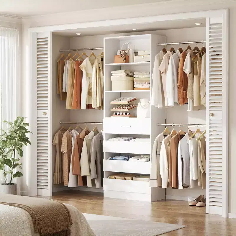 Système d’organisation de dressing en bois Besiost de 4 à 9 pieds avec 4 tiroirs, 4 tringles et des colonnes d’étagères