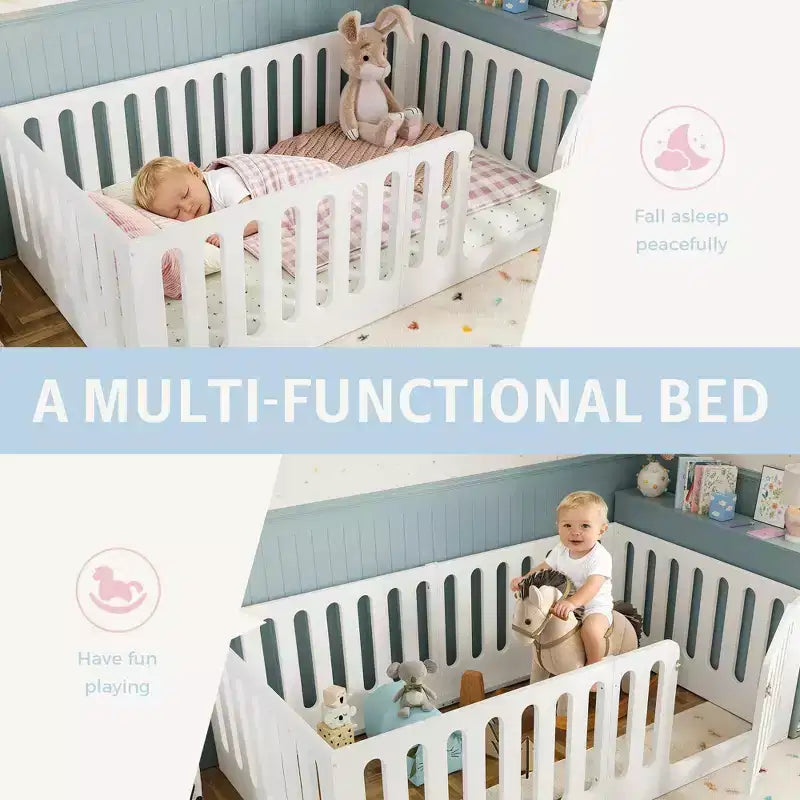 Weißes Montessori-Etagenbett in Einzelbettgröße mit Schutzgittern und Tür ??Massivholz, 1 Kind