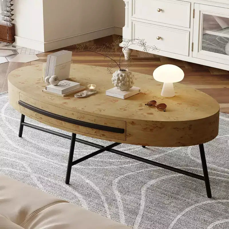 Acekool ovale salontafel met lade, houten opbergtafel van 47,2 met metalen kruispoten, moderne tafel in mid-century-stijl in naturel en goudkleurig wilgenhout