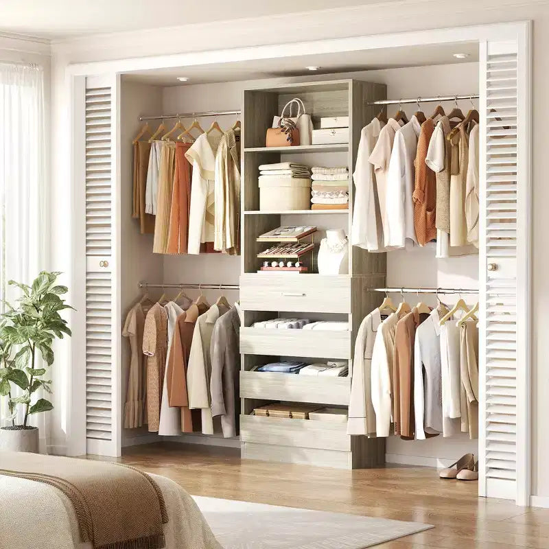 Système d’organisation de dressing en bois Besiost de 4 à 9 pieds avec 4 tiroirs, 4 tringles et des colonnes d’étagères