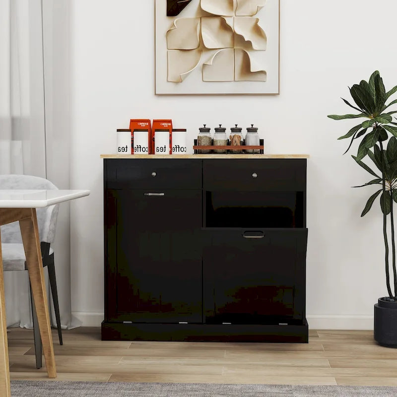 Meuble à déchets de cuisine noir avec deux tiroirs et deux compartiments basculants