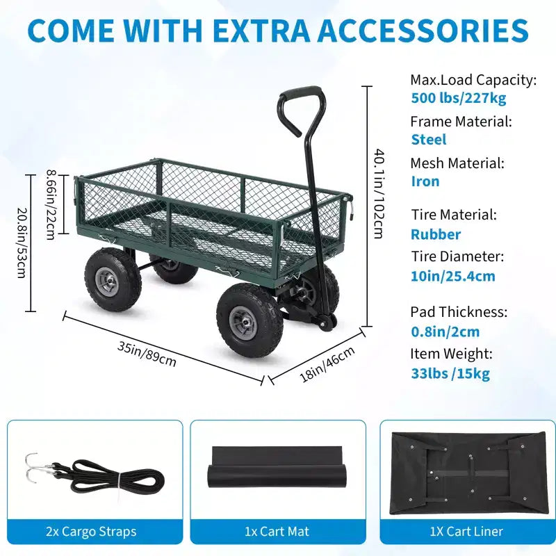 Chariot de jardin en acier robuste, 226,8 kg, chariot utilitaire pliable avec côtés en filet et doublure amovibles, 10 pneus gonflables, poignée de traction
