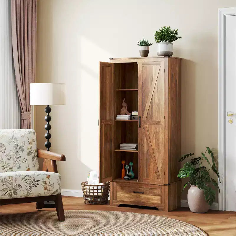 HOMCOM 72 Landhaus-Speisekammernschrank mit Scheunentüren, hoher Küchenschrank mit verstellbaren Einlegeböden und Schublade