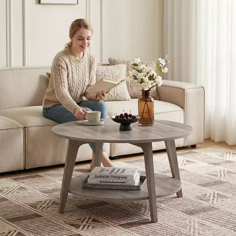 Honingbruine ronde salontafel met 2 opbergniveaus, 31,5 x 17,7 inch, ideaal voor de woonkamer
