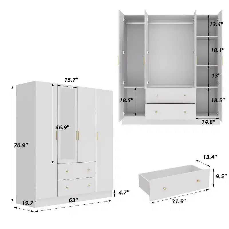 Armoire Hitow avec 2 grands tiroirs, espace central pour vêtements suspendus et miroir, style minimaliste