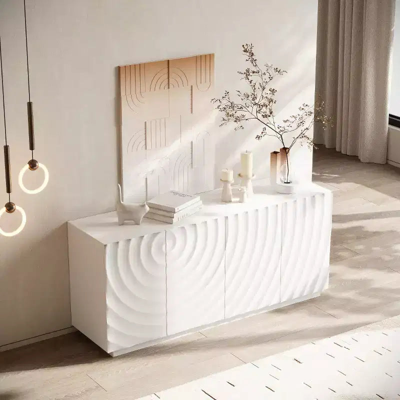 Buffet bahut en spirale moderne 59, meuble de rangement d’entrée artistique bas avec portes à texture ondulée 3D