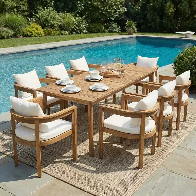 Christopher Knight Home Irene rustieke 9-delige eethoek voor buiten van acaciahout met stoelen met gebogen rugleuning en kussens