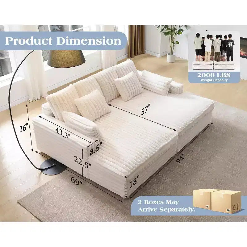 AMERLIFE 93-Zoll-Doppel-Chaiselongue-Sofa für zwei Personen, tiefes Cloud-Sofa mit Lendenkissen und breiten Armlehnen, einfache Montage, Kunstfell