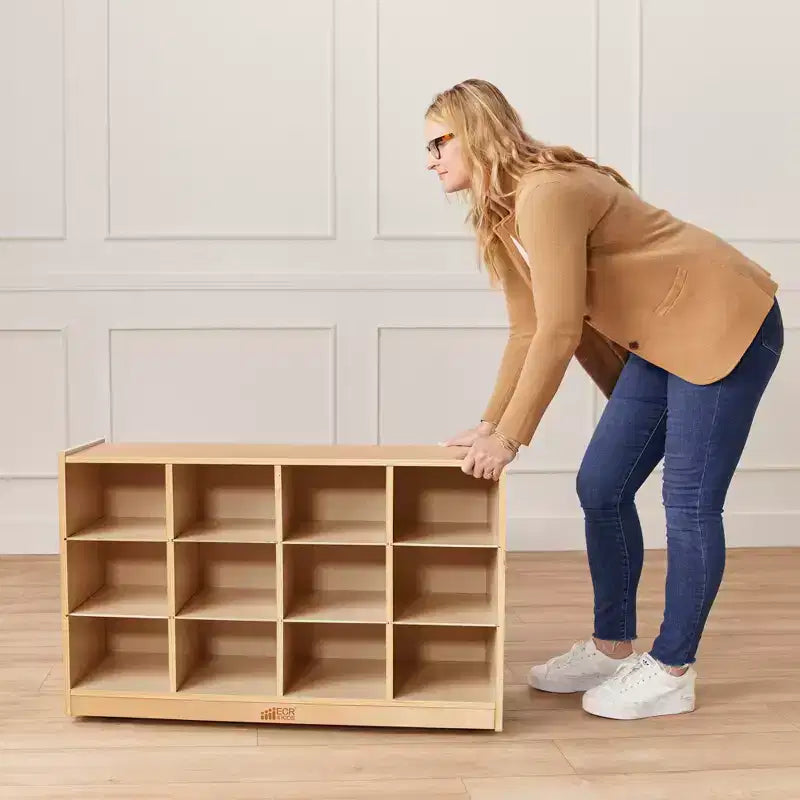 Meuble mobile à plateaux avec casiers et 15 bacs frontaux à ouverture en forme de cuillère, 3 x 4, mobilier pour enfants
