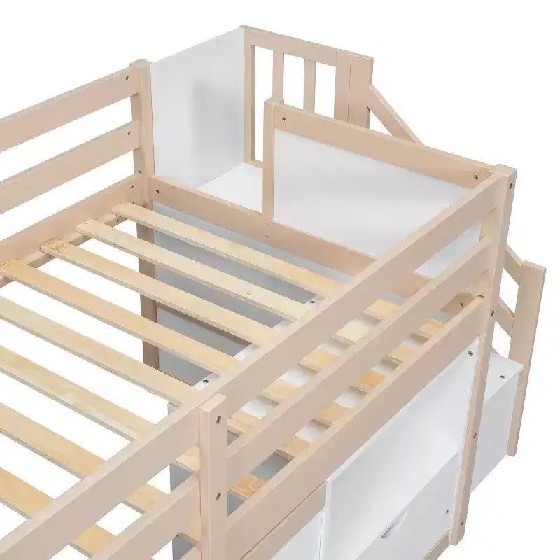 Okak hoogslaper van massief hout voor éénpersoonsmatras met trap en opbergruimte, lage stapelbedden voor éénpersoonsmatrassen met laden en planken, multifunctionele hoogslapers voor kinderen en tieners