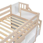 Okak hoogslaper van massief hout voor éénpersoonsmatras met trap en opbergruimte, lage stapelbedden voor éénpersoonsmatrassen met laden en planken, multifunctionele hoogslapers voor kinderen en tieners