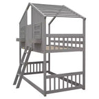 Twin Size House-Shaped Loft Bed, Wood Playhouse Loft Bed with Ladder & Guardrails for Kids