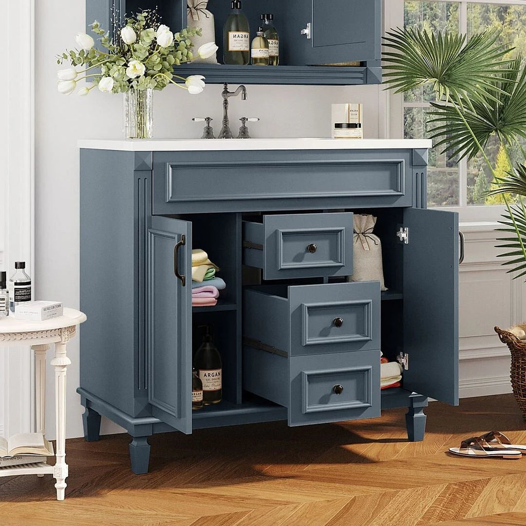 Meuble-lavabo moderne de salle de bains de 36 po avec vasque sur plan, armoire à miroir, 2 portes et 2 tiroirs
