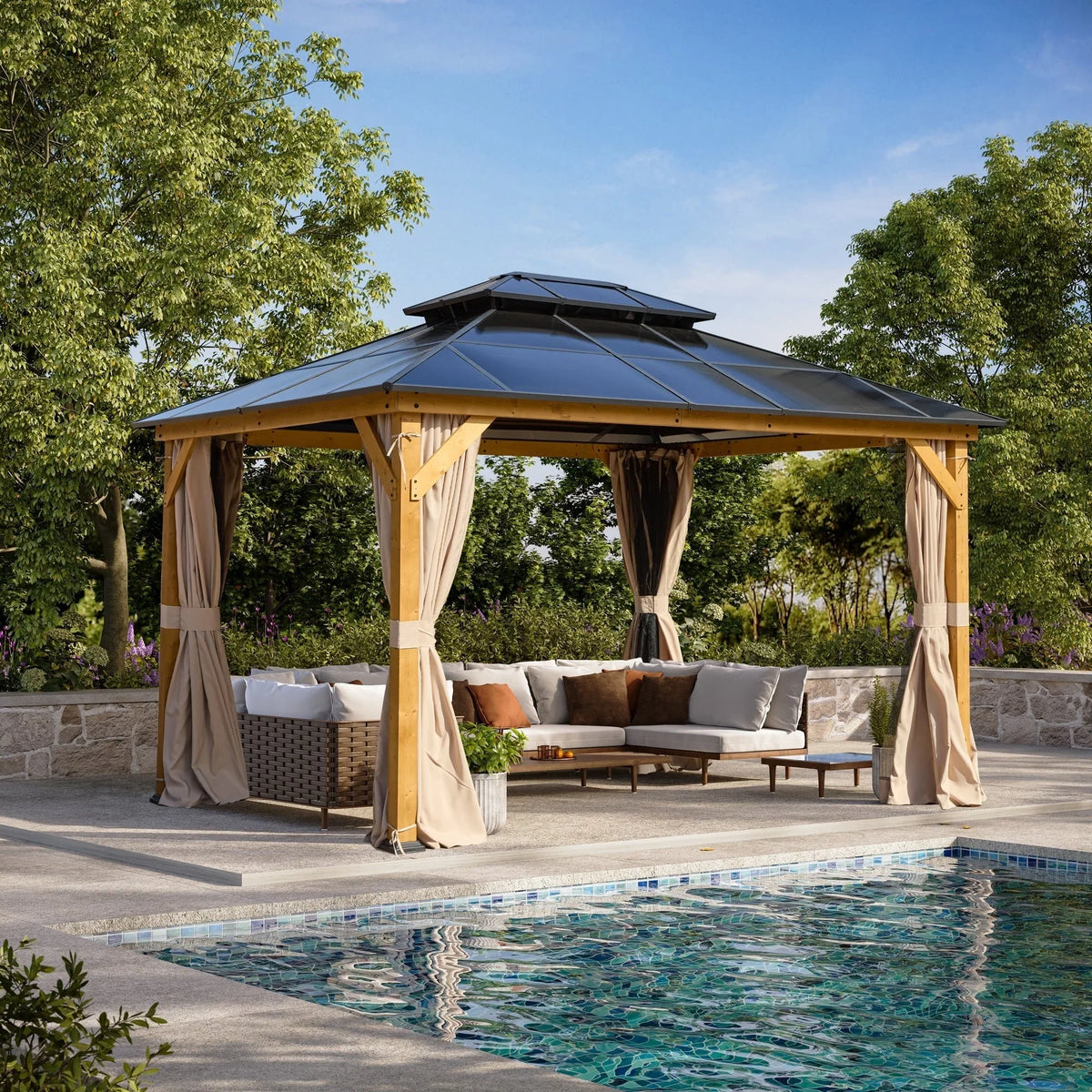 EROMMY Hardtop Gazebo,Outdoor Pergola with Double Roof & Netting & Curtains,Heavy Duty Canopy for Patio, Backyard, Pool party